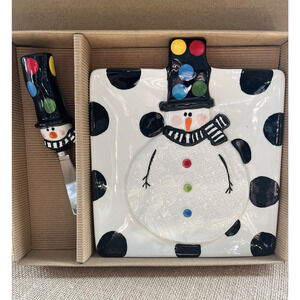 Mud Pie Snowman Cheese Plate and Spreader Knife Set - Birthday, Holiday, Winter